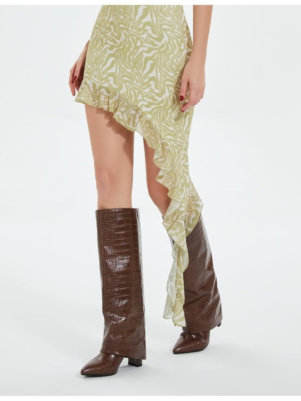Women's Crocodile Brown Pointed Toe Chunky Heel Faux Leather Over The Knee Boots - Picture 3 of 6